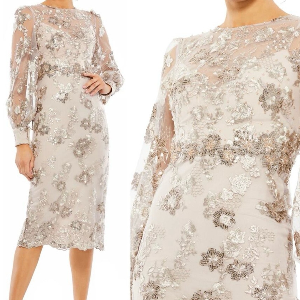 Mac Duggal Silver and Ivory Beaded Midi Dress